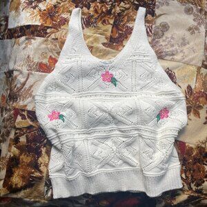 NWT pink rose floral embroidery knit white cotton tank top